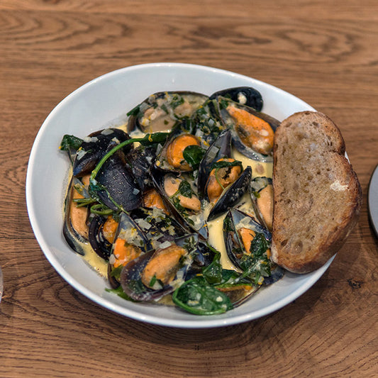Gin-Infused Mussels with Orange Crème Fraîche