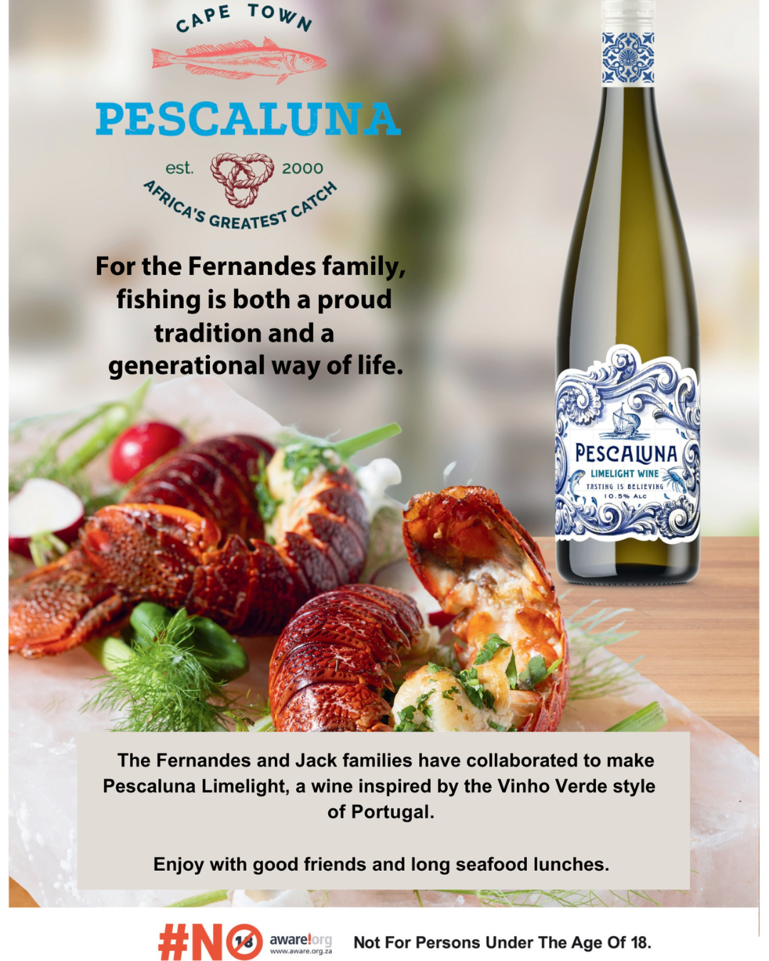 Pescaluna limelight wine bottle with seafood dish on a wooden board